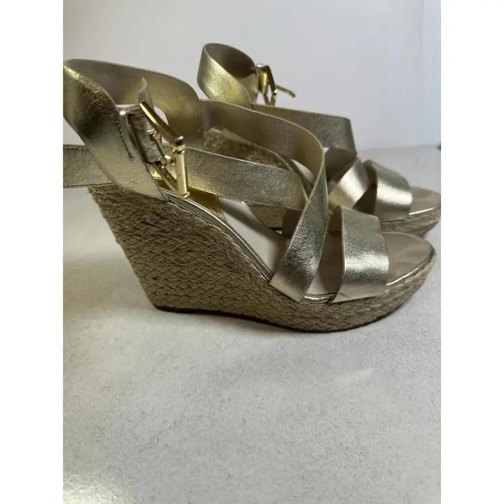 Michael Kors 10M Gold Leather Strappy Espadrille Wedge Sandals
